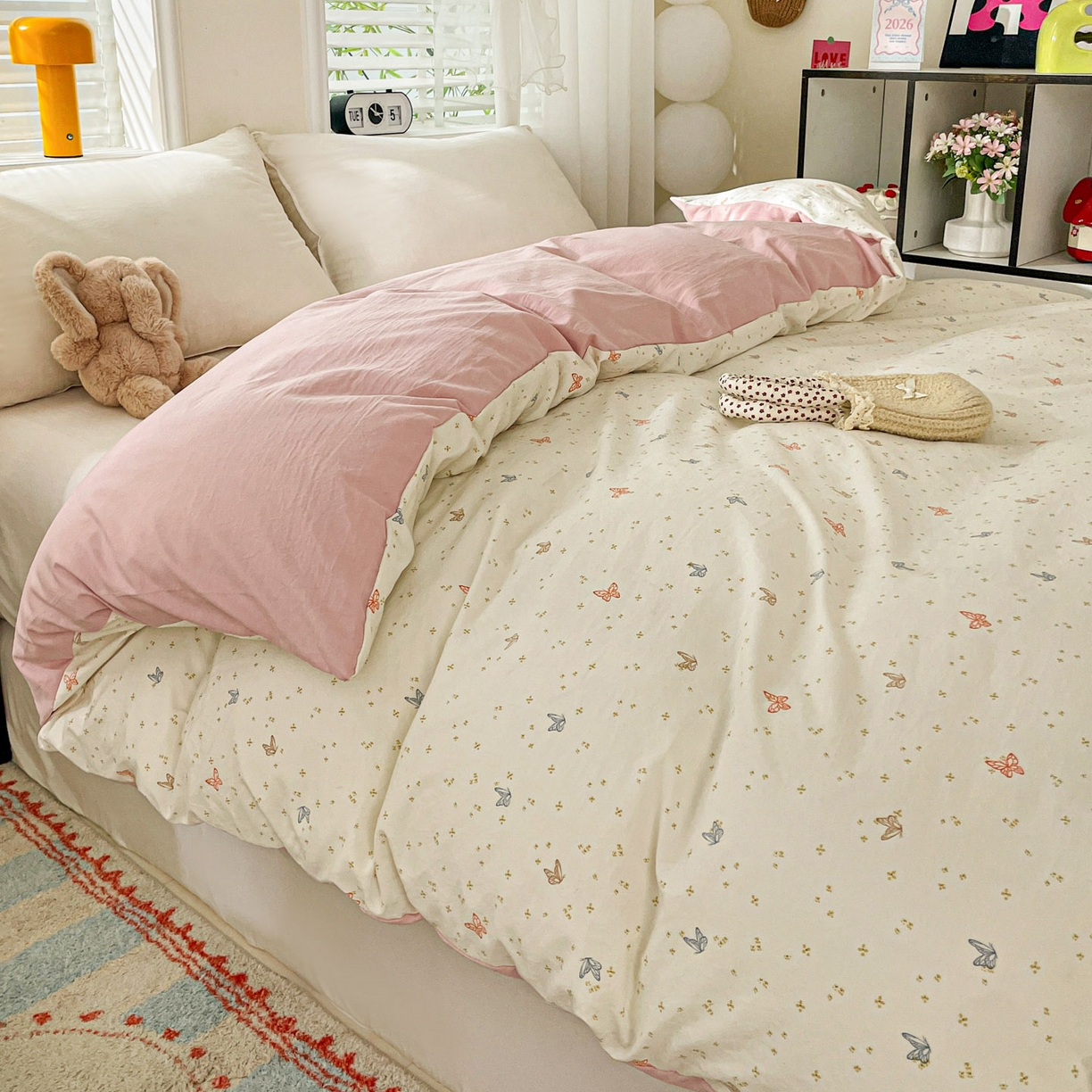 91家纺网 家纺一手货源 找家纺 纽缦家纺 2026新款A类105g仿棉四件套古法水洗棉四件套 彩蝶红