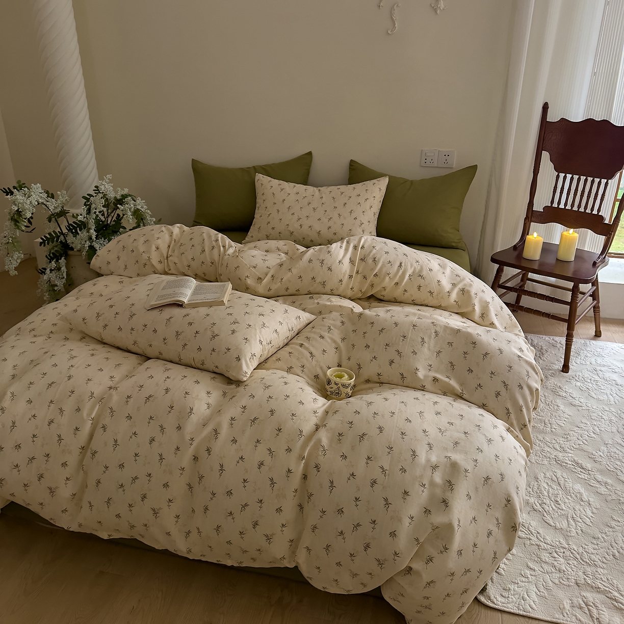 91家纺网 家纺一手货源 找家纺 DoDo 兜兜 2026新款全棉纯棉复古双层纱四件套系列（可定做尺寸） 青竹漫-米