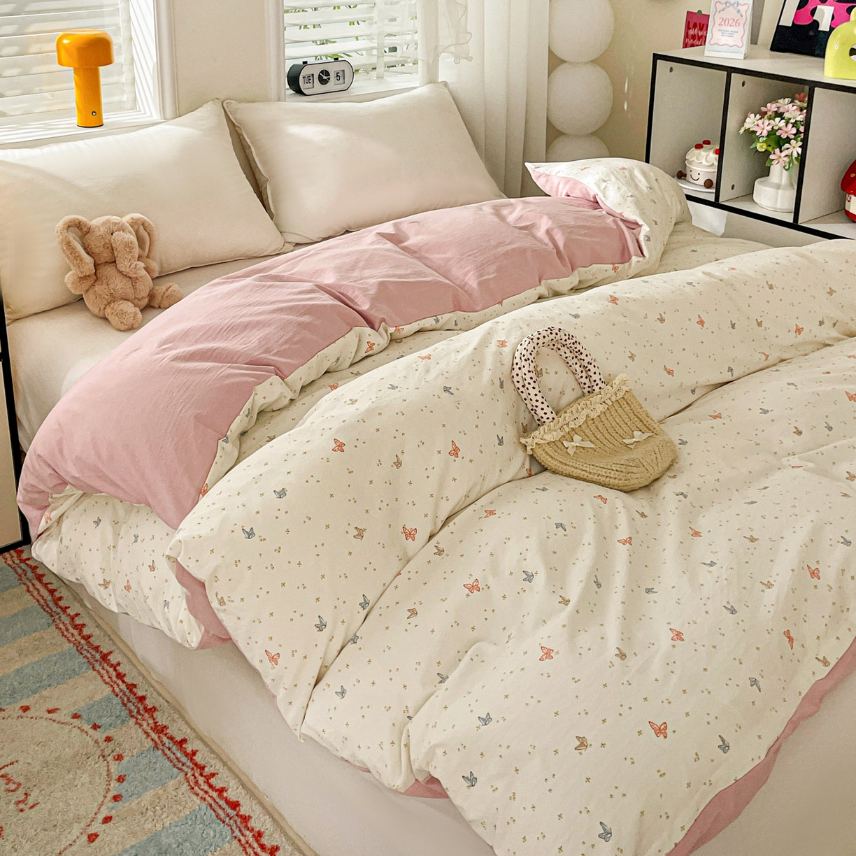 91家纺网 家纺一手货源 找家纺 纽缦家纺 2026新款A类105g仿棉四件套古法水洗棉四件套 彩蝶红