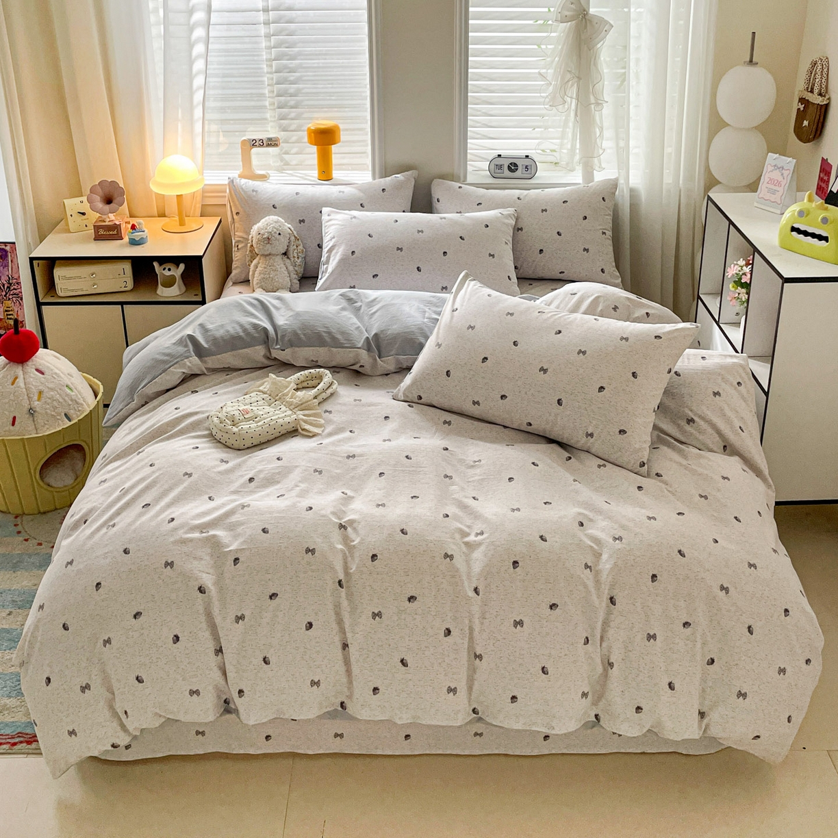 91家纺网 家纺一手货源 找家纺 纽缦家纺 2026新款A类105g仿棉四件套古法水洗棉四件套 初春灰