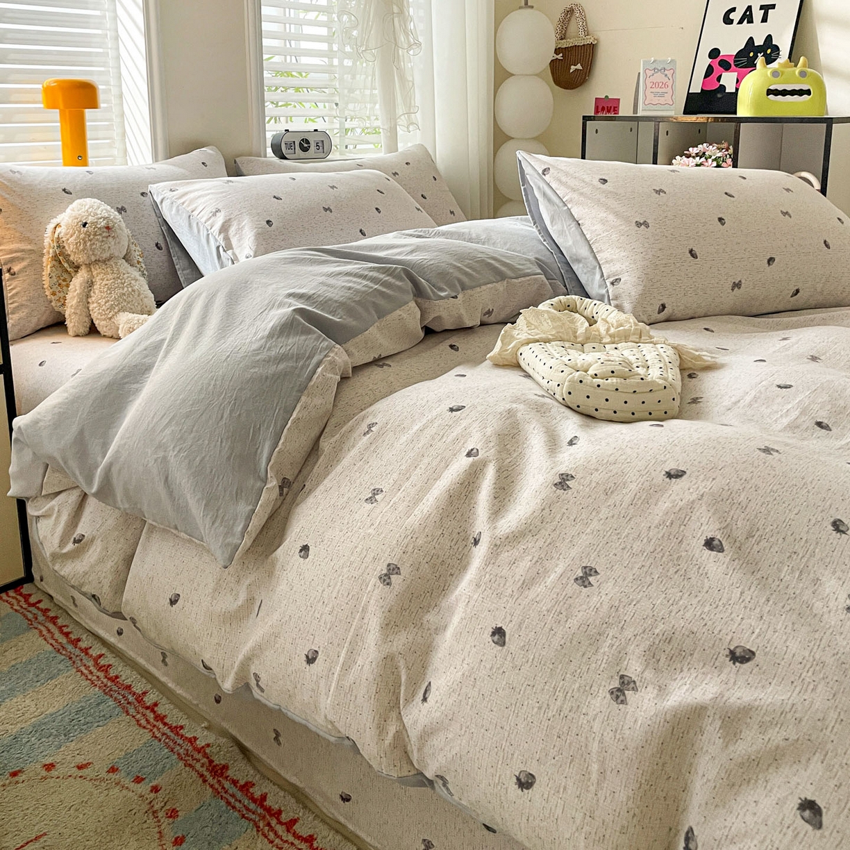 91家纺网 家纺一手货源 找家纺 纽缦家纺 2026新款A类105g仿棉四件套古法水洗棉四件套 初春灰