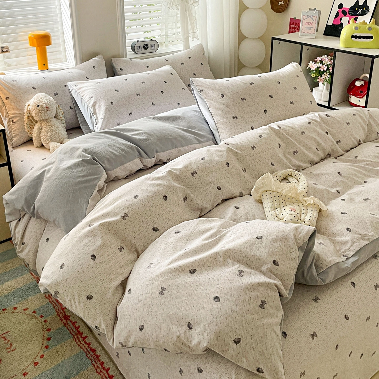 91家纺网 家纺一手货源 找家纺 纽缦家纺 2026新款A类105g仿棉四件套古法水洗棉四件套 初春灰