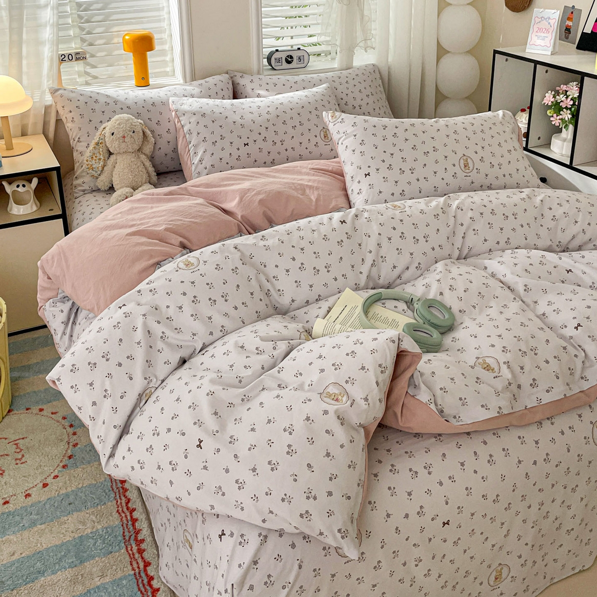 91家纺网 家纺一手货源 找家纺 纽缦家纺 2026新款A类105g仿棉四件套古法水洗棉四件套 恋空灰