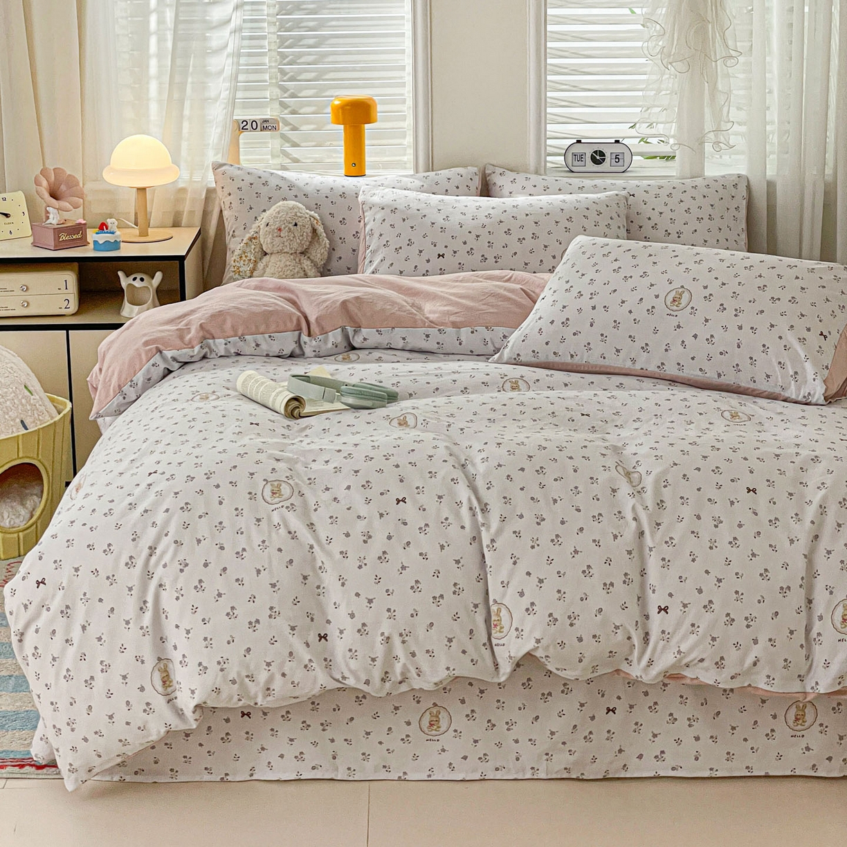 91家纺网 家纺一手货源 找家纺 纽缦家纺 2026新款A类105g仿棉四件套古法水洗棉四件套 恋空灰