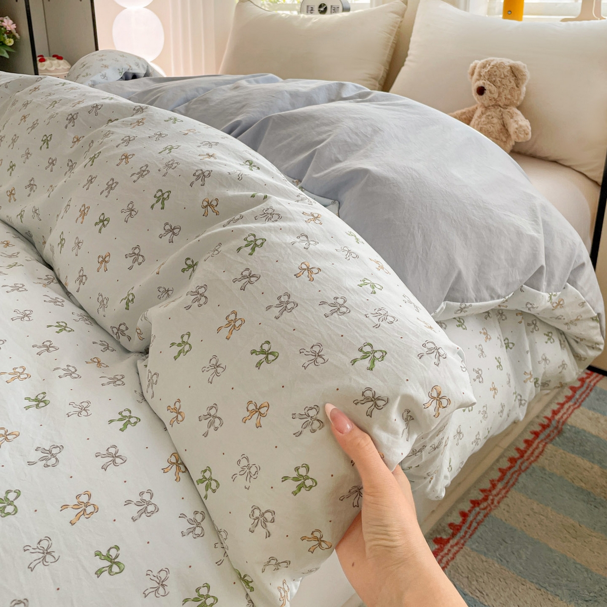 91家纺网 家纺一手货源 找家纺 纽缦家纺 2026新款A类105g仿棉四件套古法水洗棉四件套 铃兰-兰