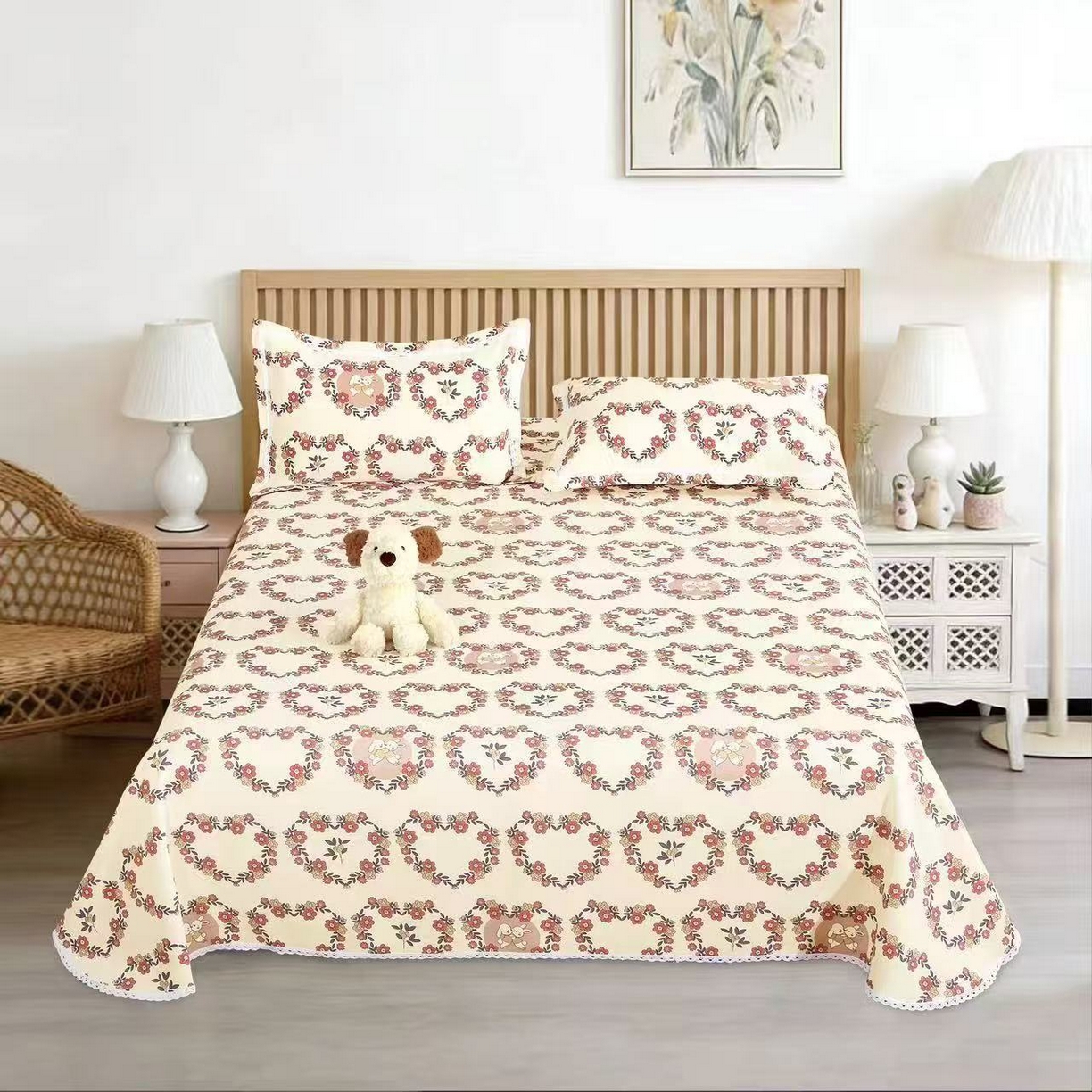 望淮家纺 2026新款老粗布花边款床单三件套 爱心小花