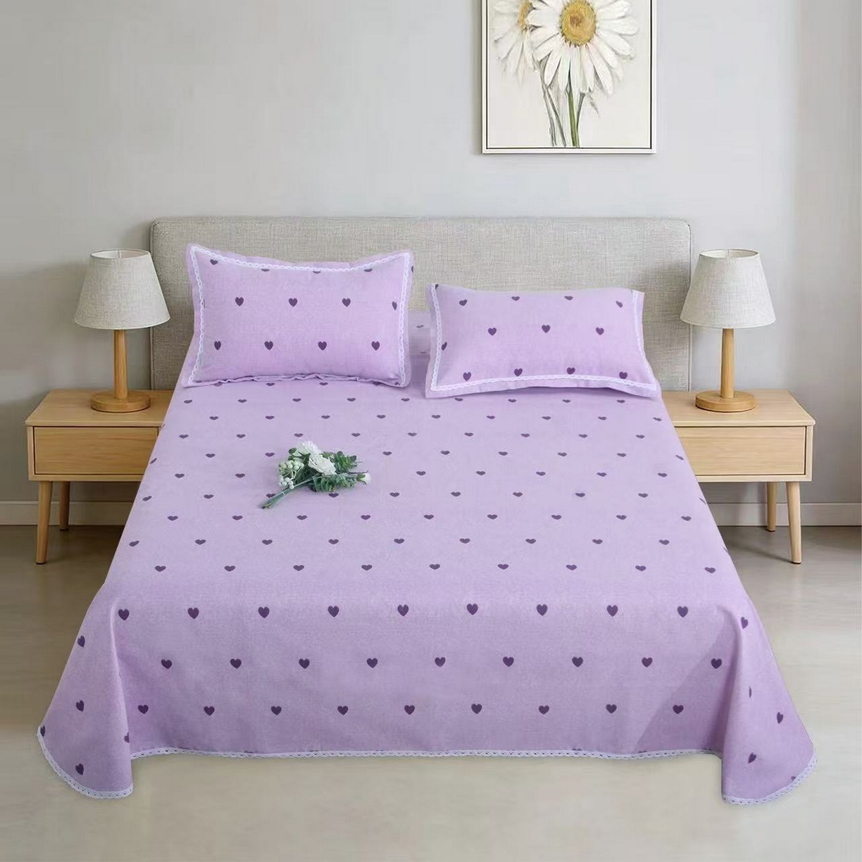 望淮家纺 2026新款老粗布花边款床单三件套 爱心紫