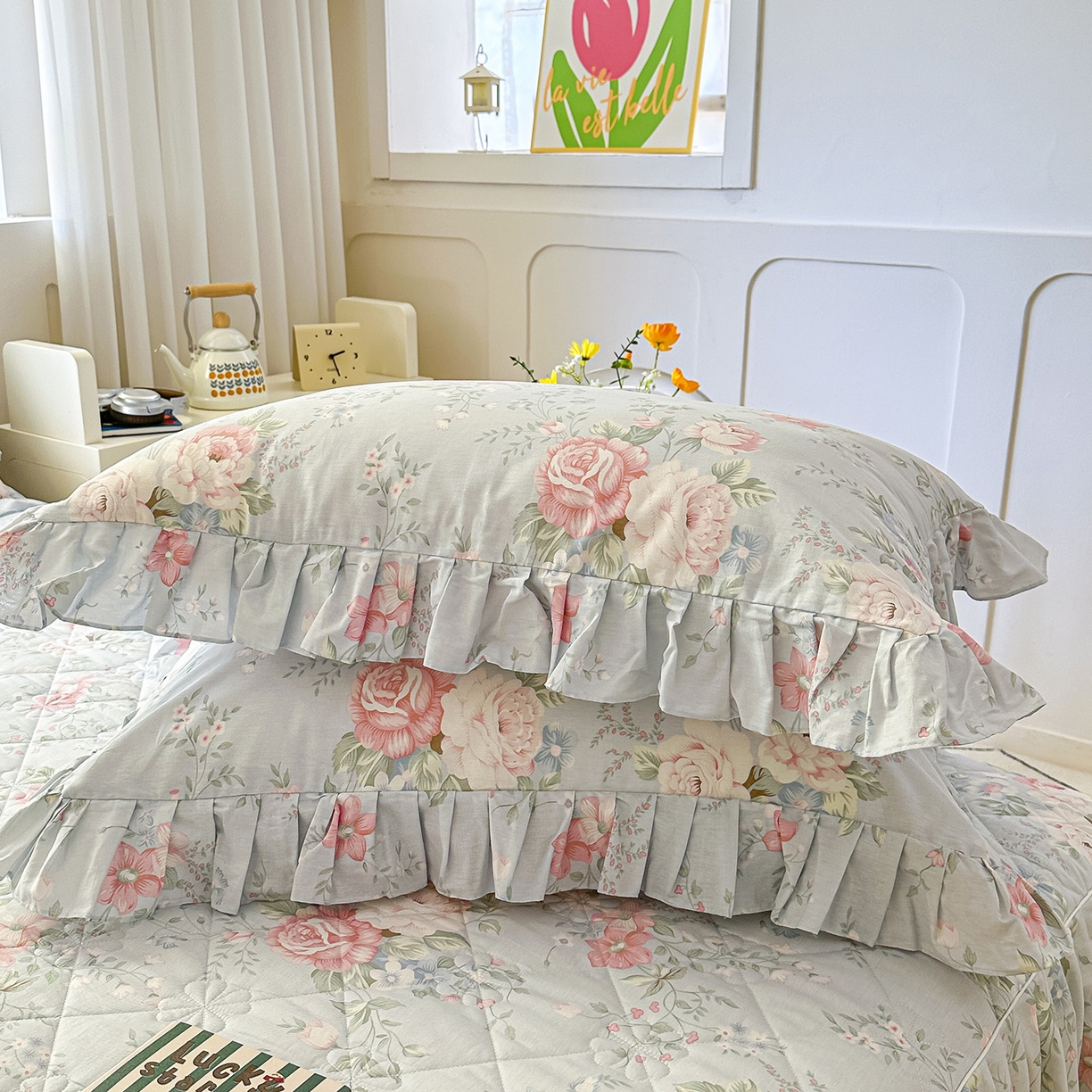 91家纺网 家纺一手货源 找家纺 忘忧草 2026春夏新款全棉纯棉夹棉印花床裙床裙单件 华庭庄园-蓝