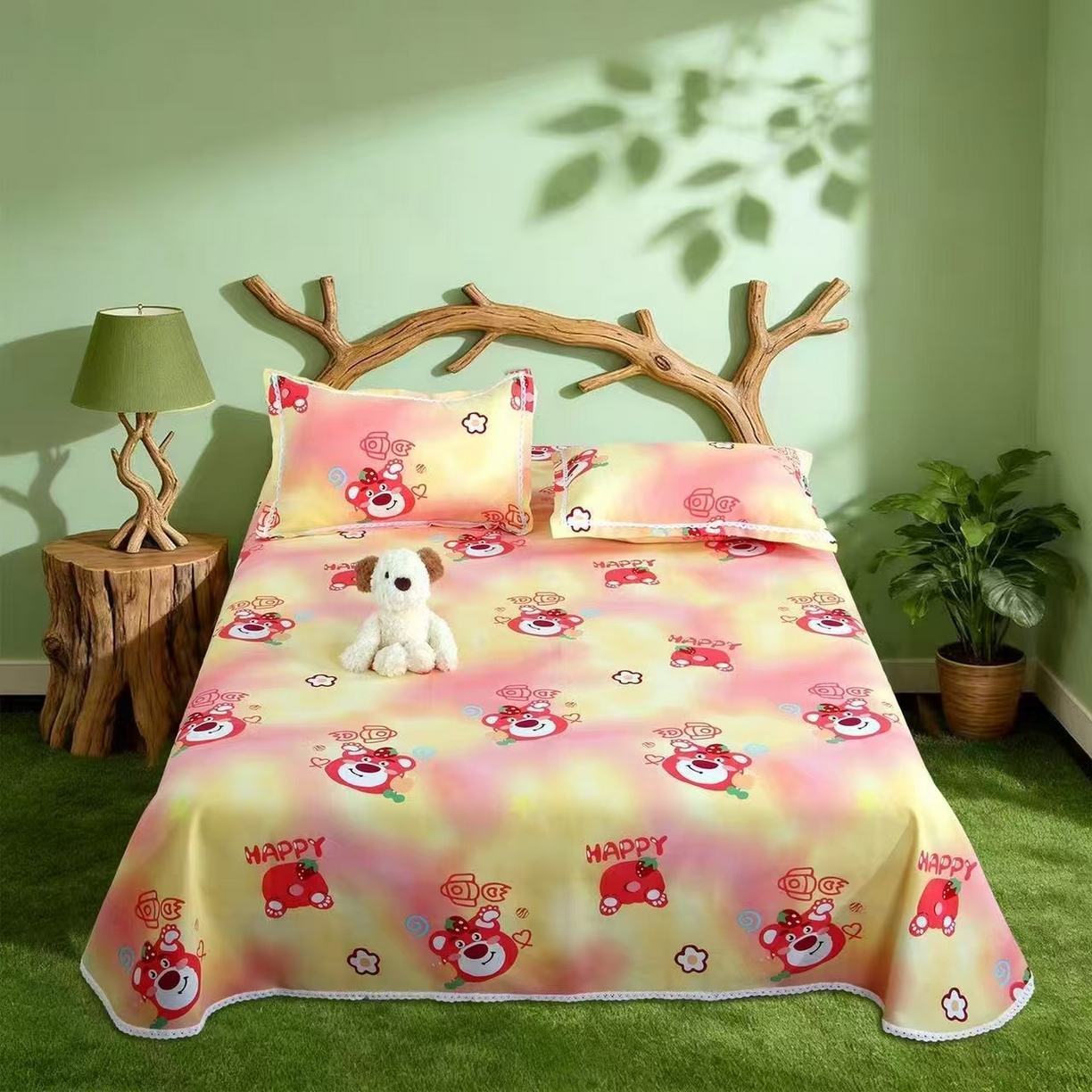 望淮家纺 2026新款老粗布花边款床单三件套 草莓熊