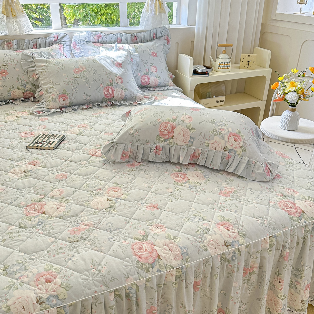 91家纺网 家纺一手货源 找家纺 忘忧草 2026春夏新款全棉纯棉夹棉印花床裙床裙单件 华庭庄园-蓝