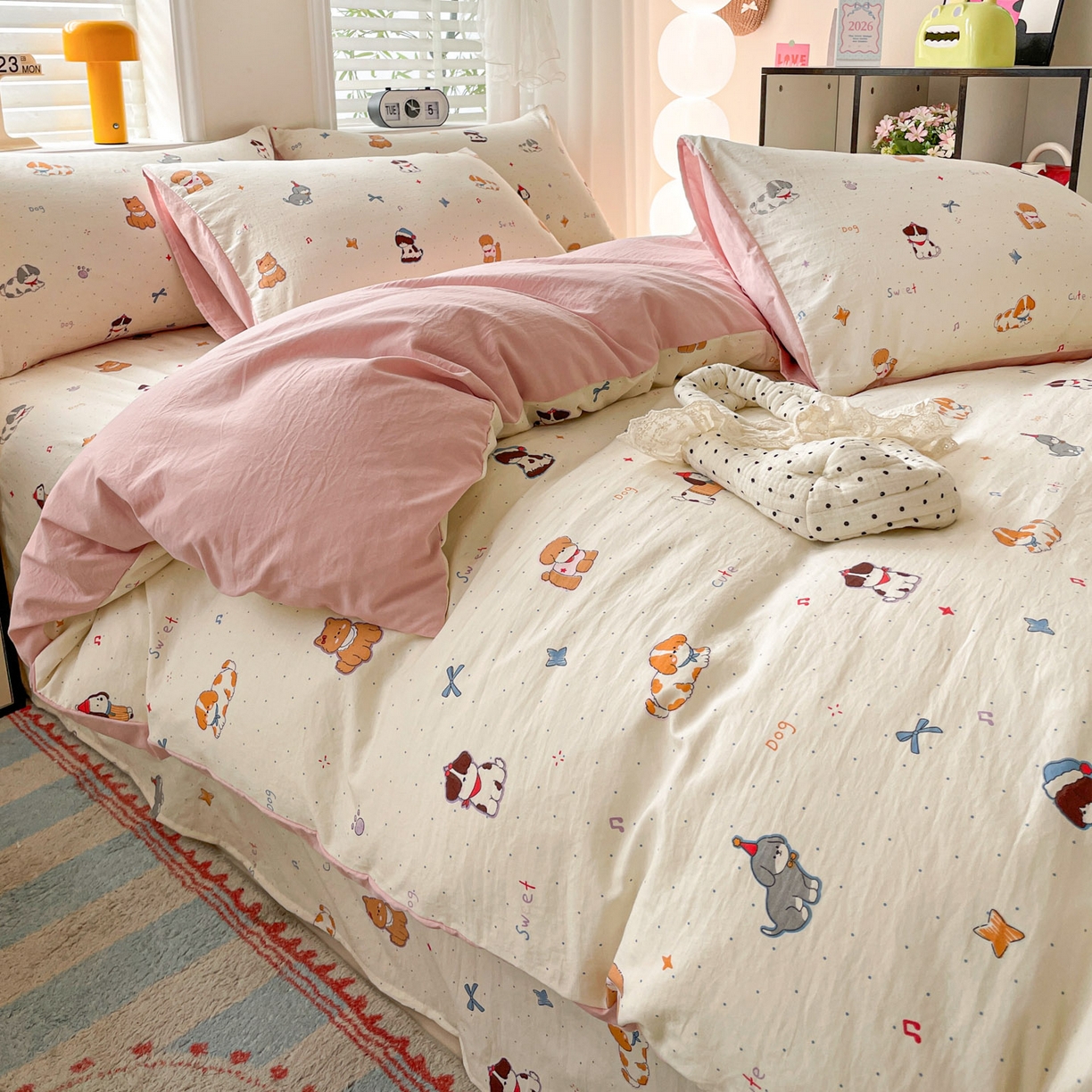 91家纺网 家纺一手货源 找家纺 纽缦家纺 2026新款A类105g仿棉四件套古法水洗棉四件套 洛奇