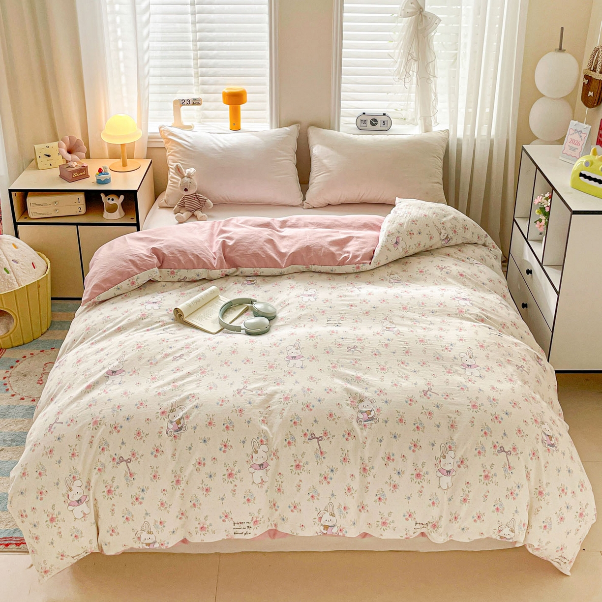 91家纺网 家纺一手货源 找家纺 纽缦家纺 2026新款A类105g仿棉四件套古法水洗棉四件套 美丽小兔