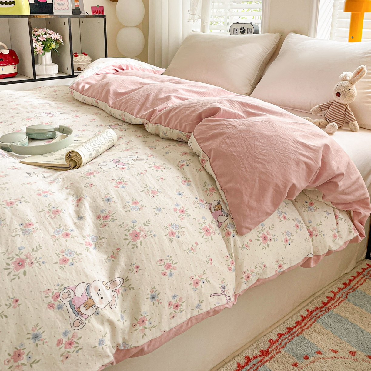 91家纺网 家纺一手货源 找家纺 纽缦家纺 2026新款A类105g仿棉四件套古法水洗棉四件套 美丽小兔