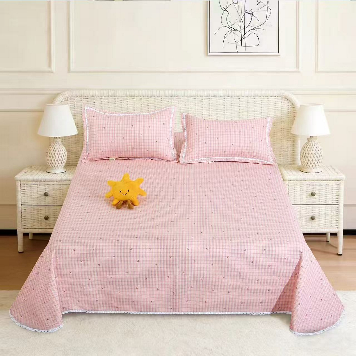 望淮家纺 2026新款老粗布花边款床单三件套 粉恋