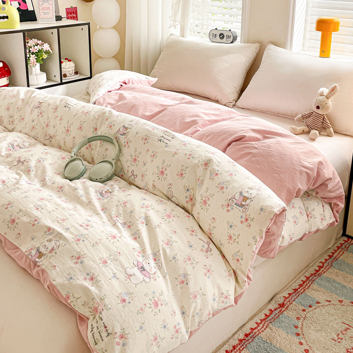 91家纺网 家纺一手货源 找家纺 纽缦家纺 2026新款A类105g仿棉四件套古法水洗棉四件套 美丽小兔