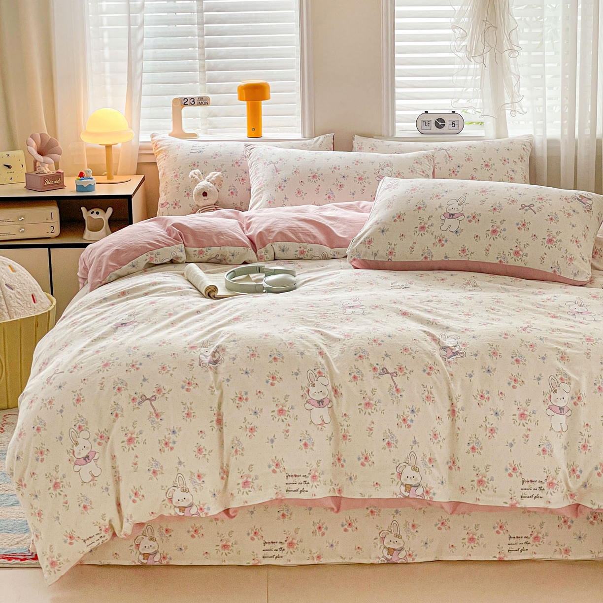 91家纺网 家纺一手货源 找家纺 纽缦家纺 2026新款A类105g仿棉四件套古法水洗棉四件套 美丽小兔