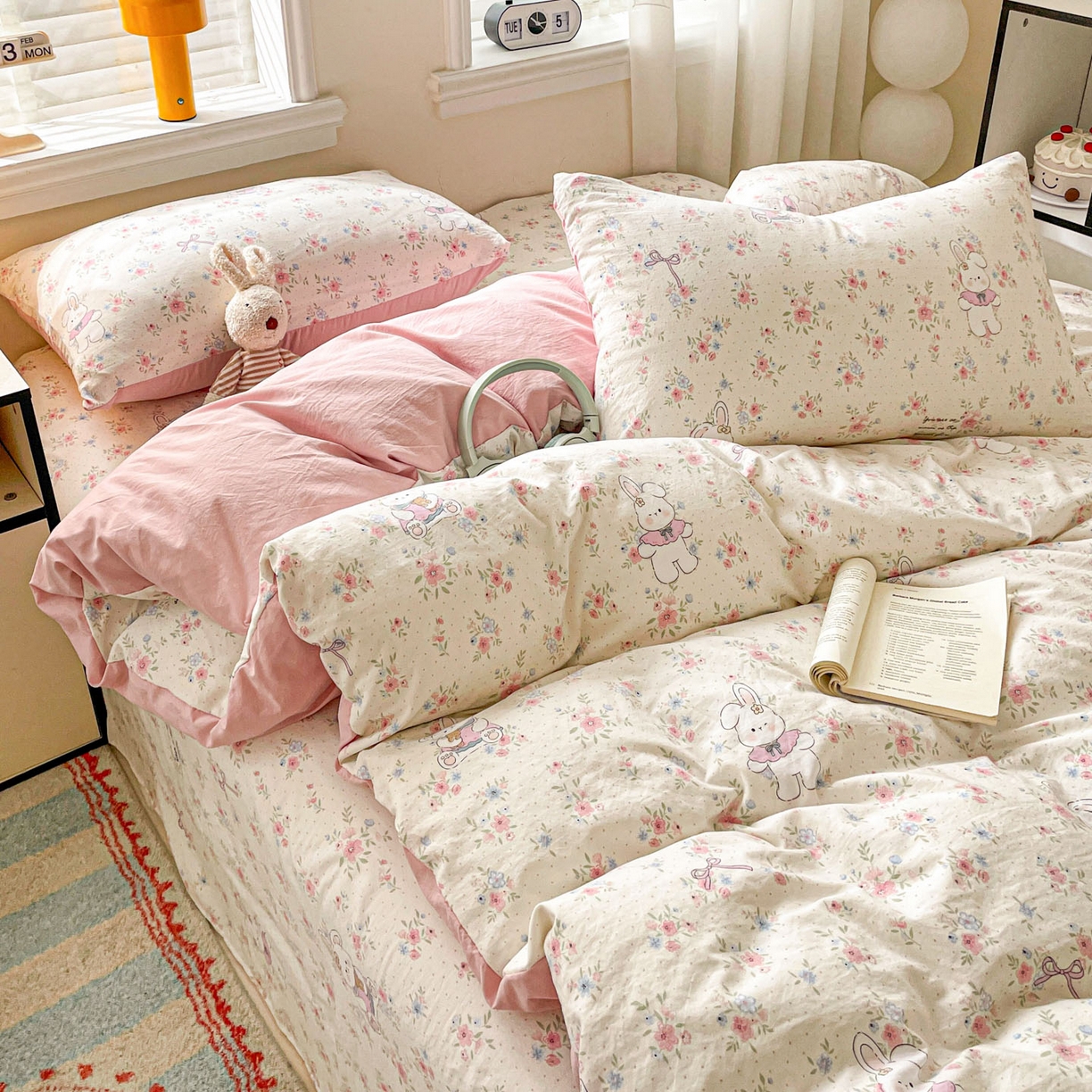 91家纺网 家纺一手货源 找家纺 纽缦家纺 2026新款A类105g仿棉四件套古法水洗棉四件套 美丽小兔