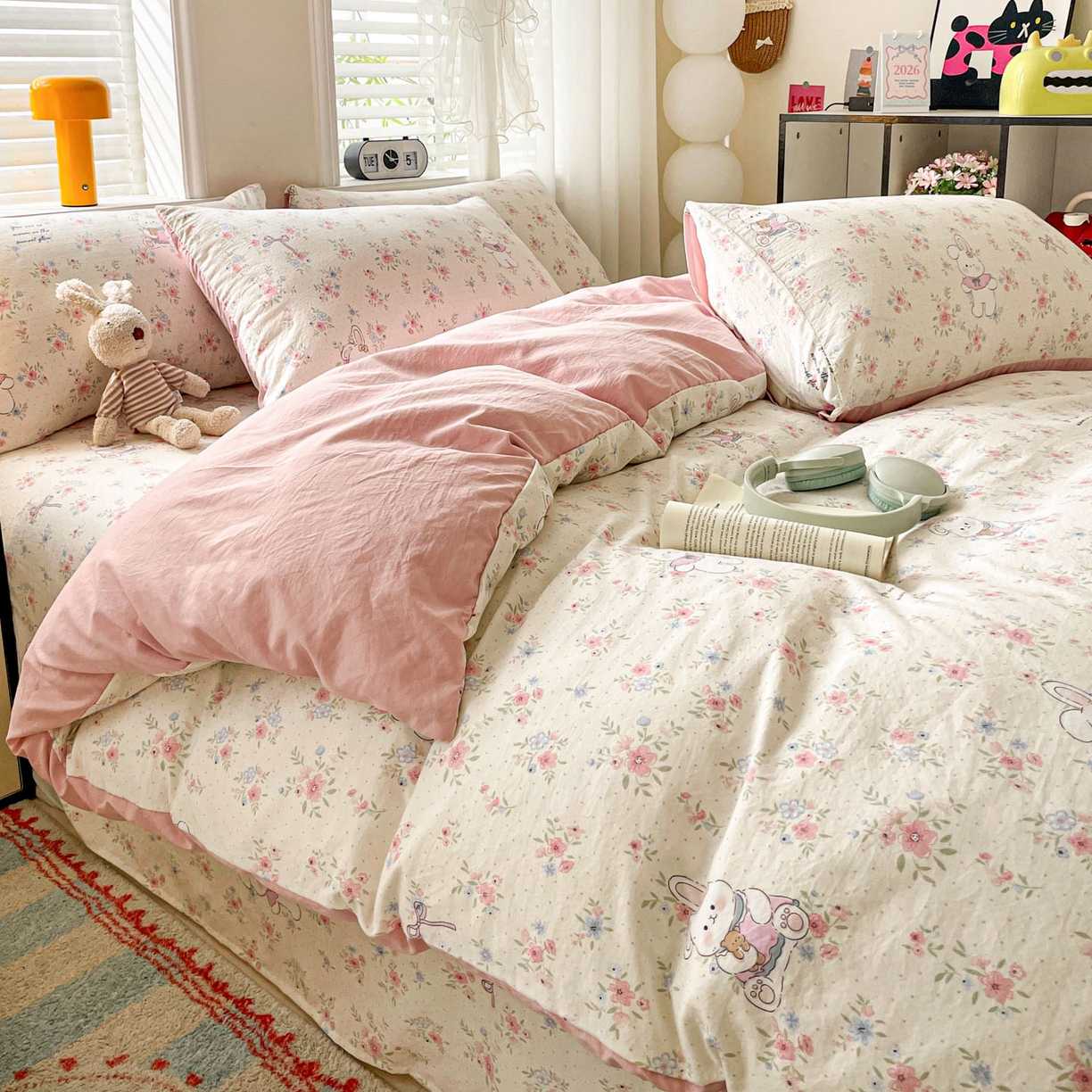 91家纺网 家纺一手货源 找家纺 纽缦家纺 2026新款A类105g仿棉四件套古法水洗棉四件套 美丽小兔