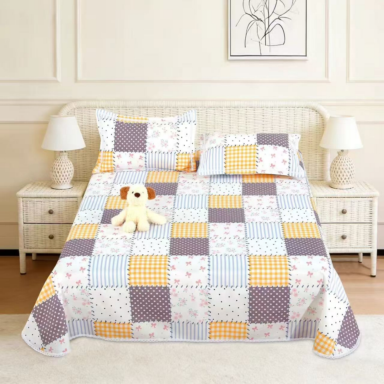 望淮家纺 2026新款老粗布花边款床单三件套 简约