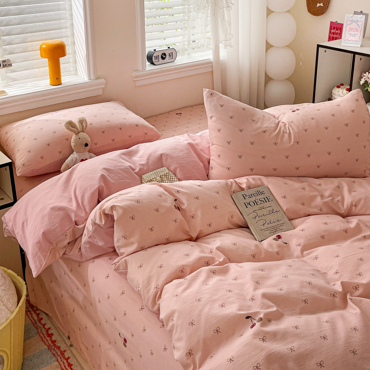 91家纺网 家纺一手货源 找家纺 纽缦家纺 2026新款A类105g仿棉四件套古法水洗棉四件套 梦樱粉