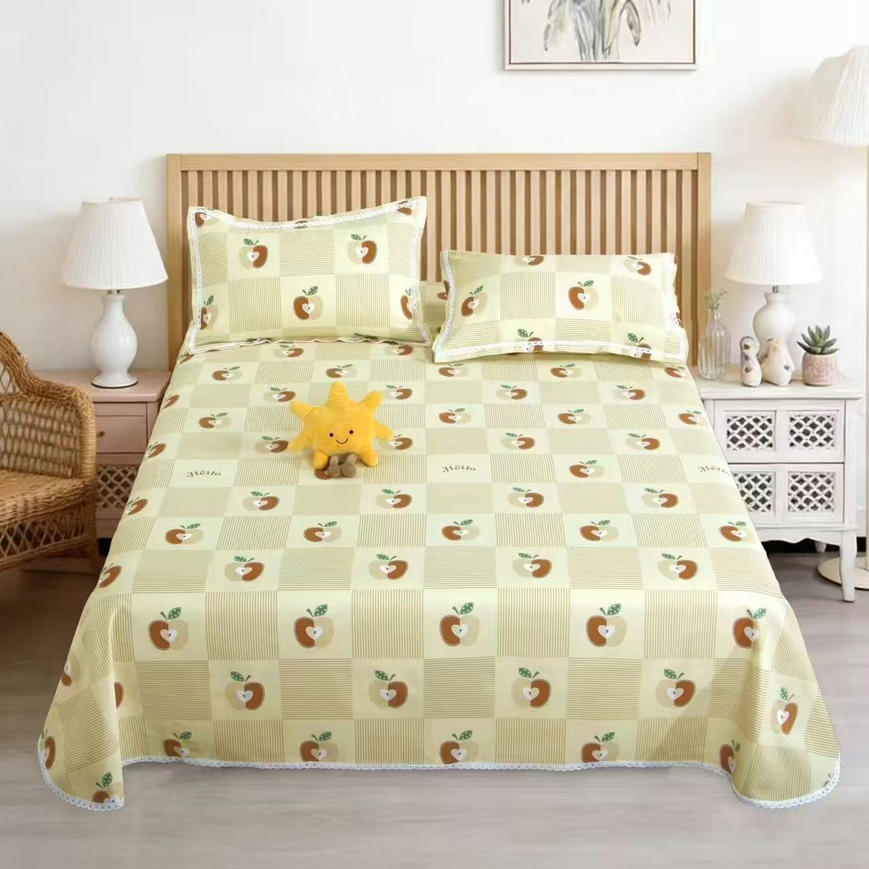 望淮家纺 2026新款老粗布花边款床单三件套 苹果