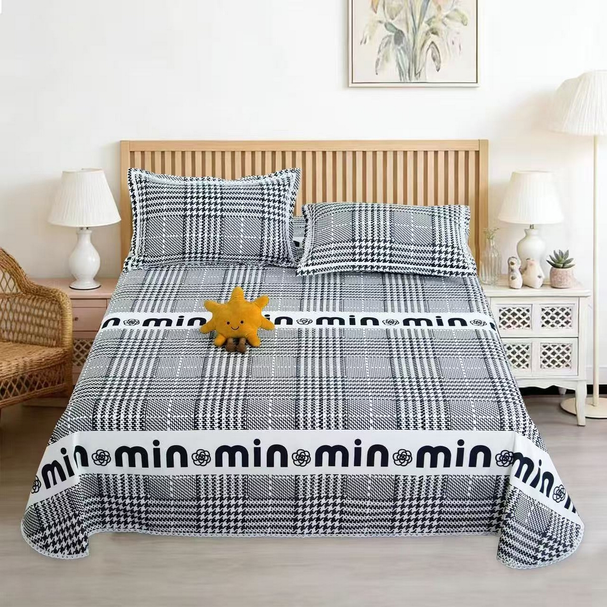 望淮家纺 2026新款老粗布花边款床单三件套 时尚灰格