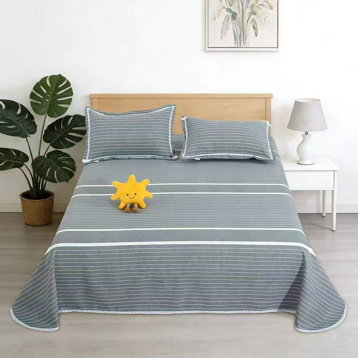 望淮家纺 2026新款老粗布花边款床单三件套 条纹灰