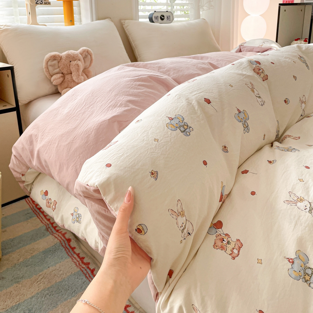 91家纺网 家纺一手货源 找家纺 纽缦家纺 2026新款A类105g仿棉四件套古法水洗棉四件套 小飞象