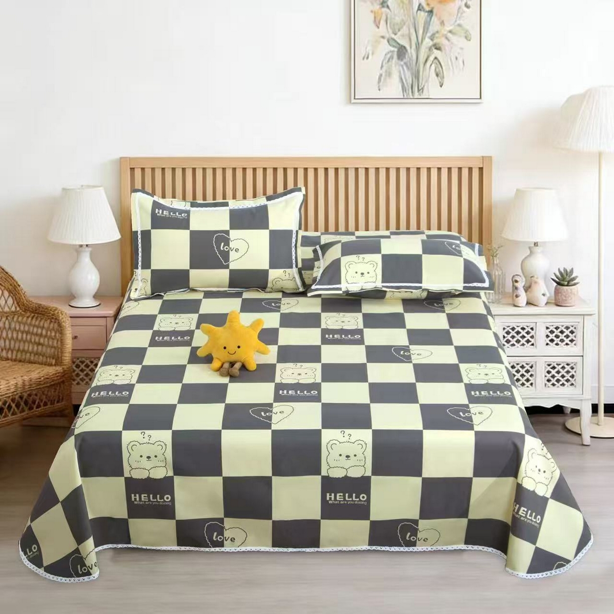 望淮家纺 2026新款老粗布花边款床单三件套 小熊