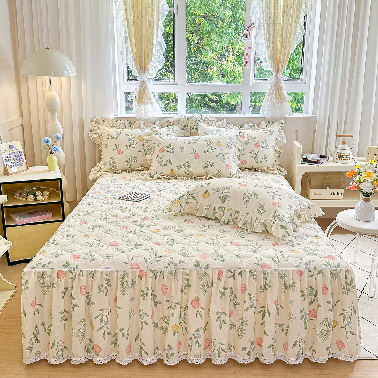 忘忧草 2026春夏新款全棉纯棉夹棉印花床裙床裙单件 轻婉花语