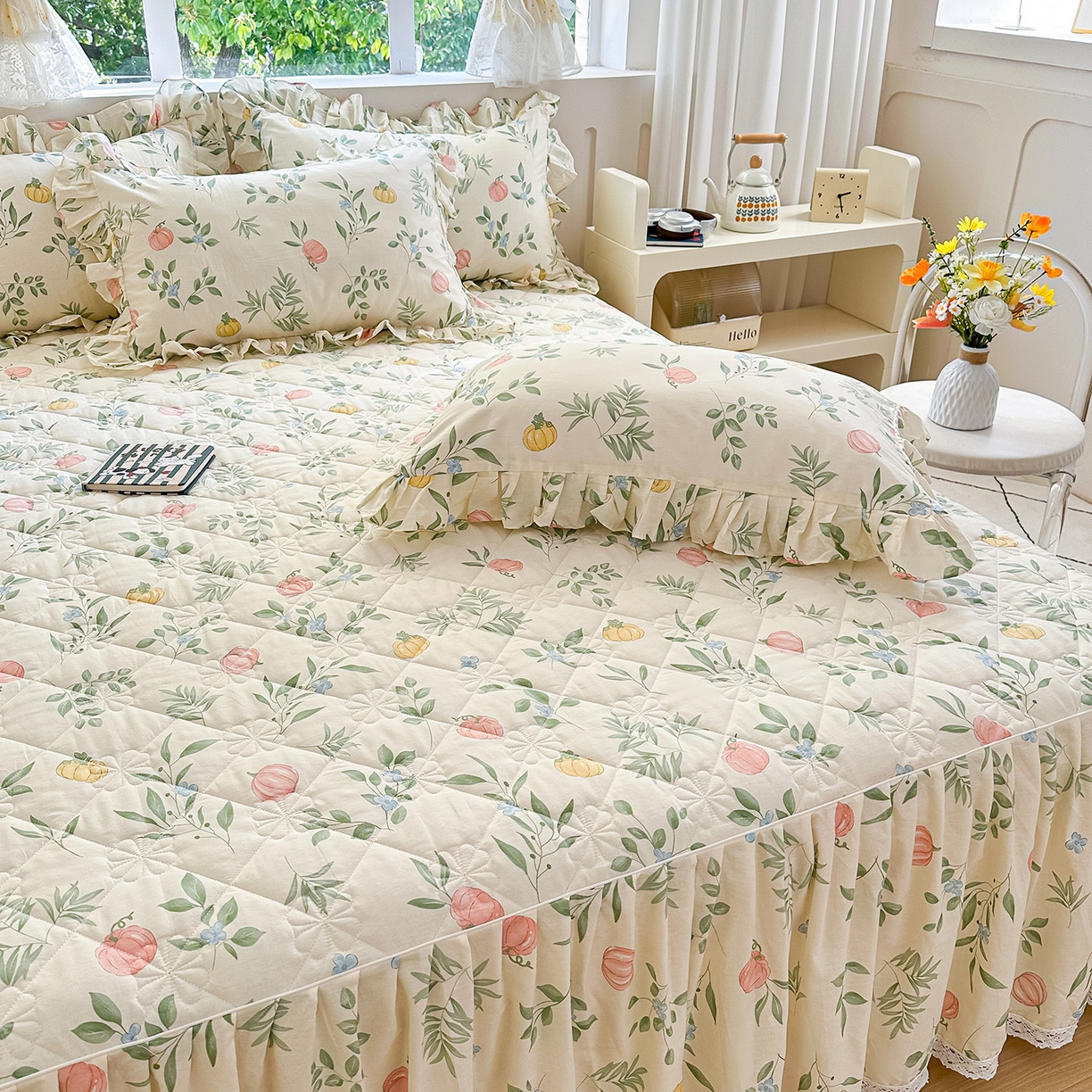 91家纺网 家纺一手货源 找家纺 忘忧草 2026春夏新款全棉纯棉夹棉印花床裙床裙单件 轻婉花语