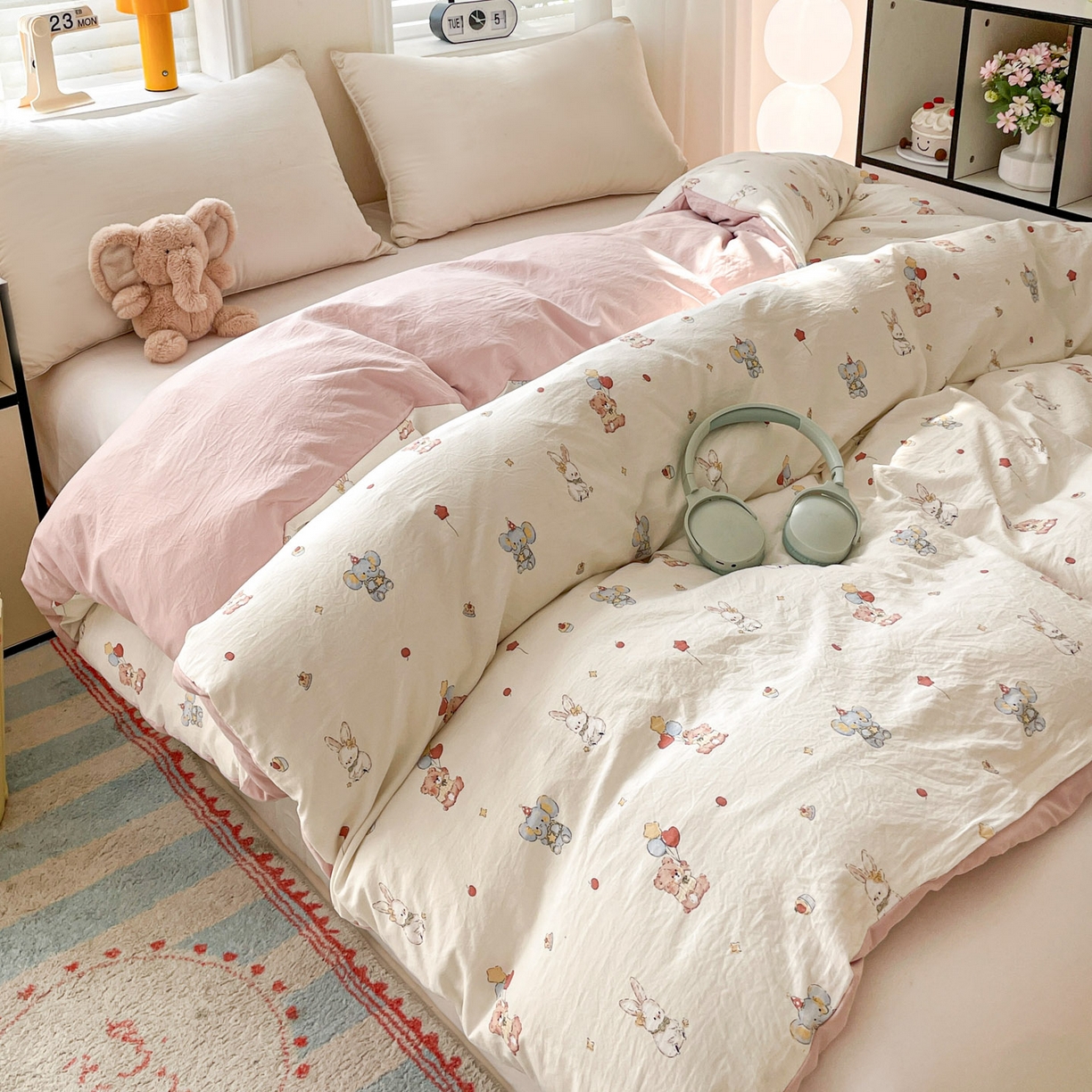 91家纺网 家纺一手货源 找家纺 纽缦家纺 2026新款A类105g仿棉四件套古法水洗棉四件套 小飞象