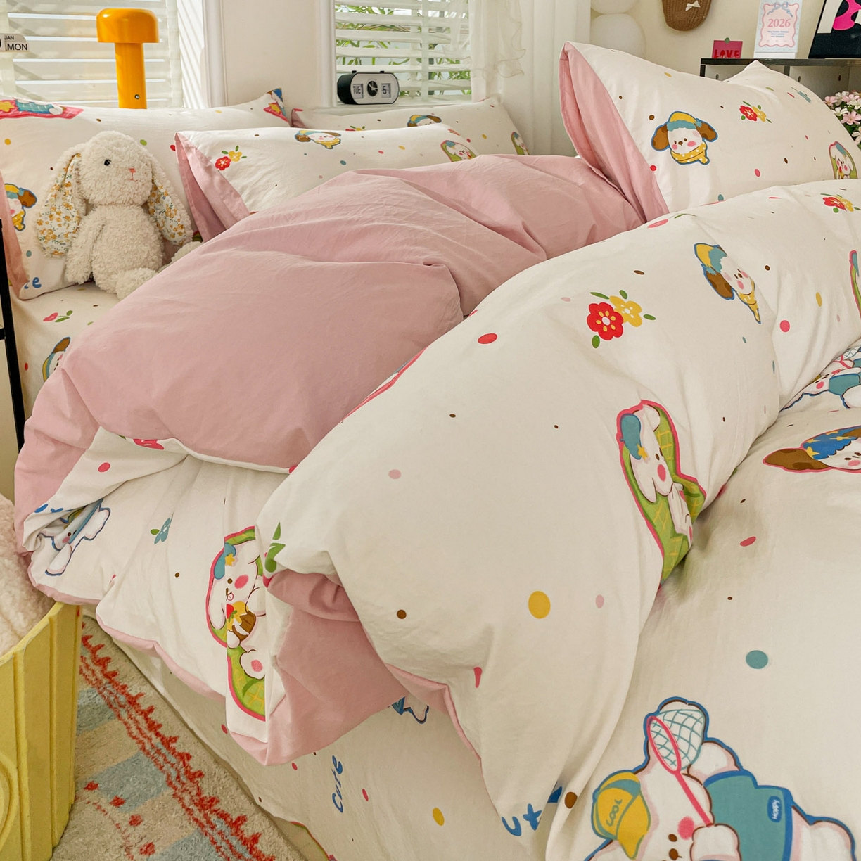 纽缦家纺 2026新款A类105g仿棉四件套古法水洗棉四件套 心愿狗