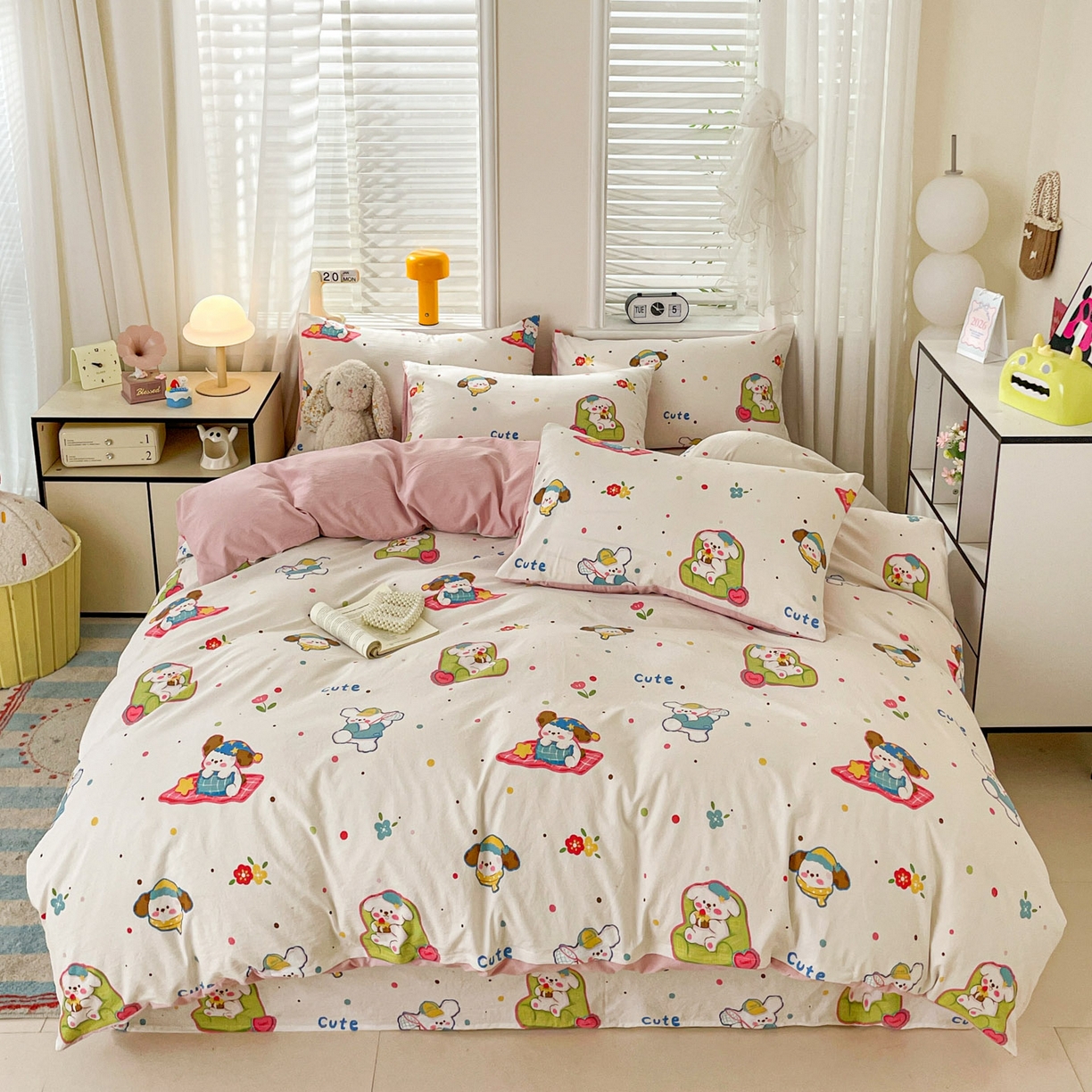 91家纺网 家纺一手货源 找家纺 纽缦家纺 2026新款A类105g仿棉四件套古法水洗棉四件套 心愿狗