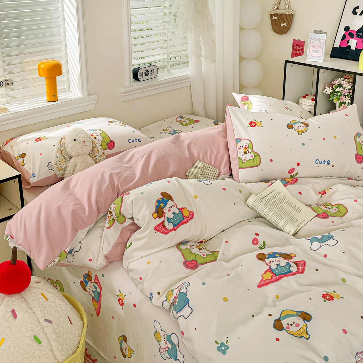 91家纺网 家纺一手货源 找家纺 纽缦家纺 2026新款A类105g仿棉四件套古法水洗棉四件套 心愿狗