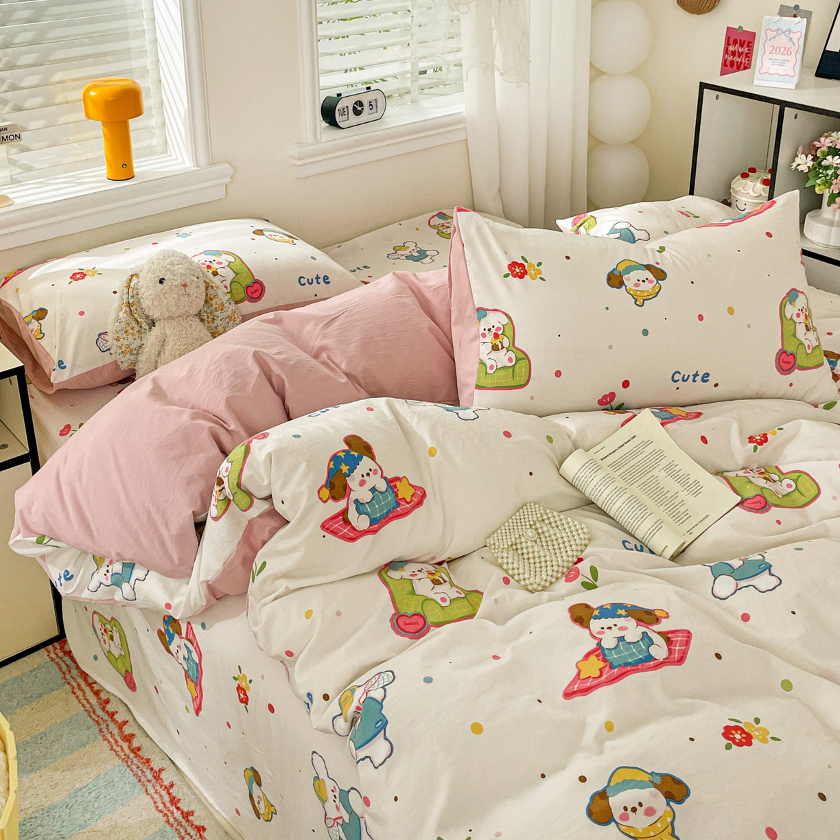 91家纺网 家纺一手货源 找家纺 纽缦家纺 2026新款A类105g仿棉四件套古法水洗棉四件套 心愿狗