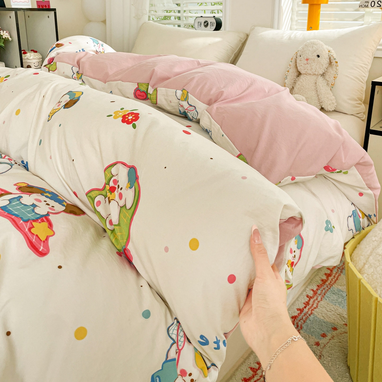 91家纺网 家纺一手货源 找家纺 纽缦家纺 2026新款A类105g仿棉四件套古法水洗棉四件套 心愿狗