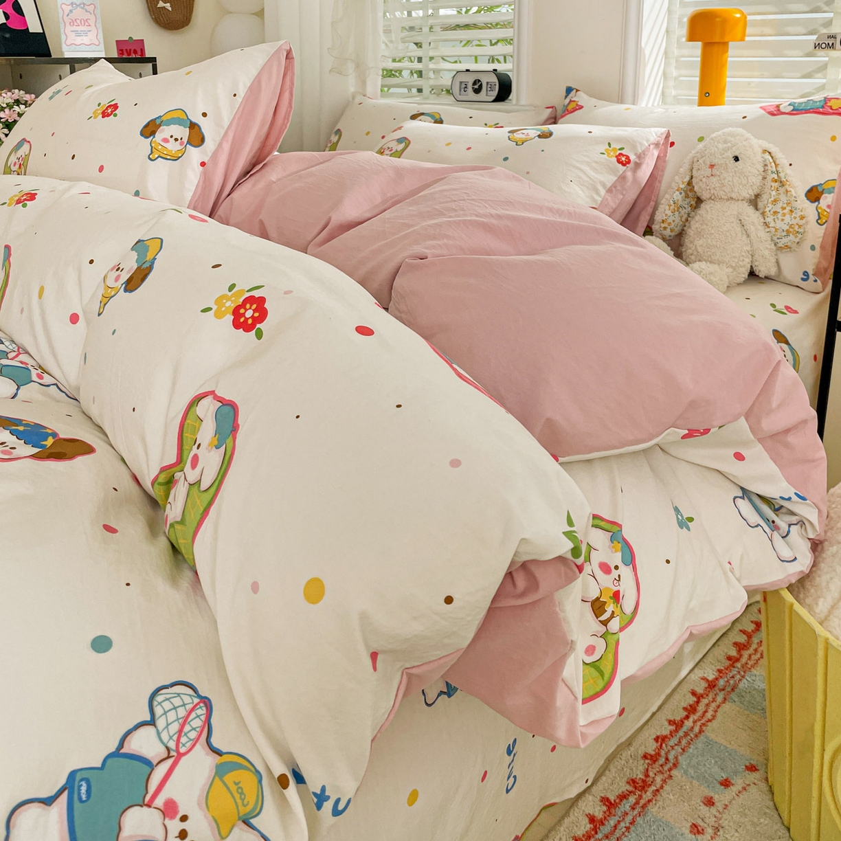 91家纺网 家纺一手货源 找家纺 纽缦家纺 2026新款A类105g仿棉四件套古法水洗棉四件套 心愿狗