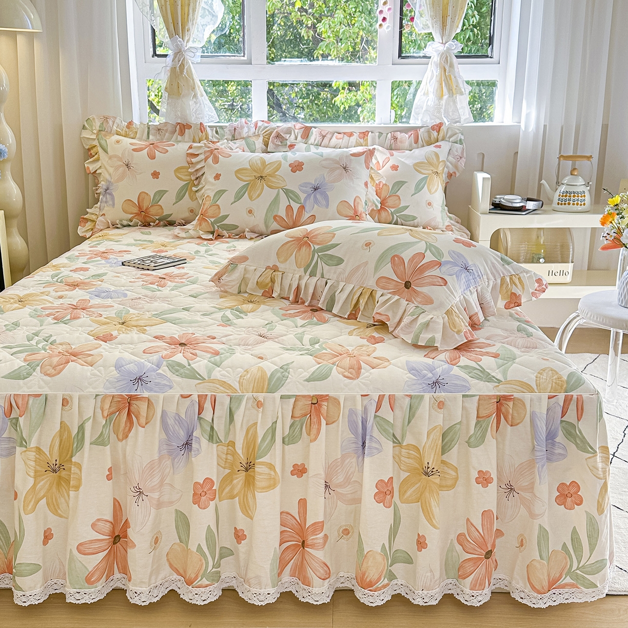 91家纺网 家纺一手货源 找家纺 忘忧草 2026春夏新款全棉纯棉夹棉印花床裙床裙单件 云裳花谷