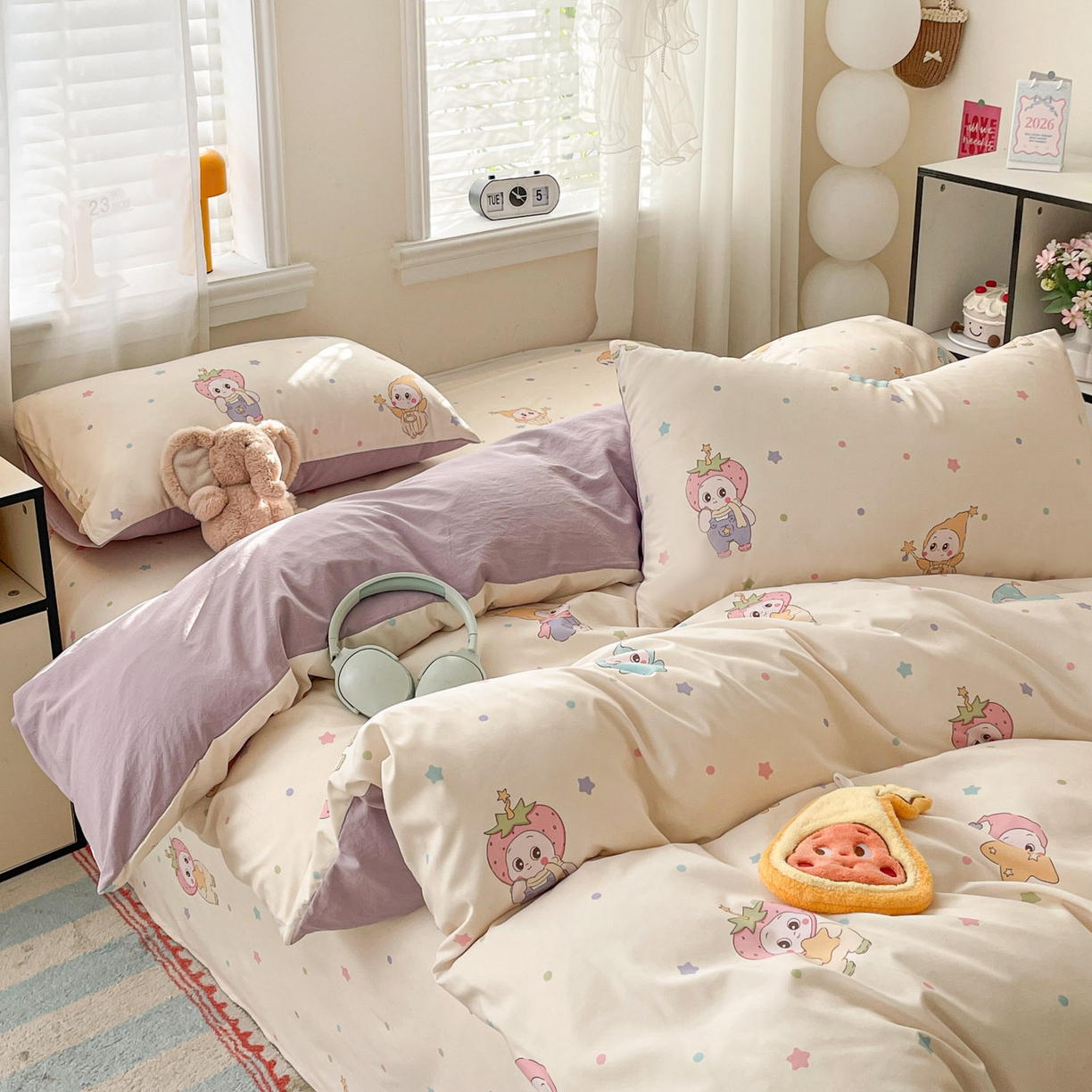 91家纺网 家纺一手货源 找家纺 纽缦家纺 2026新款A类105g仿棉四件套古法水洗棉四件套 星星