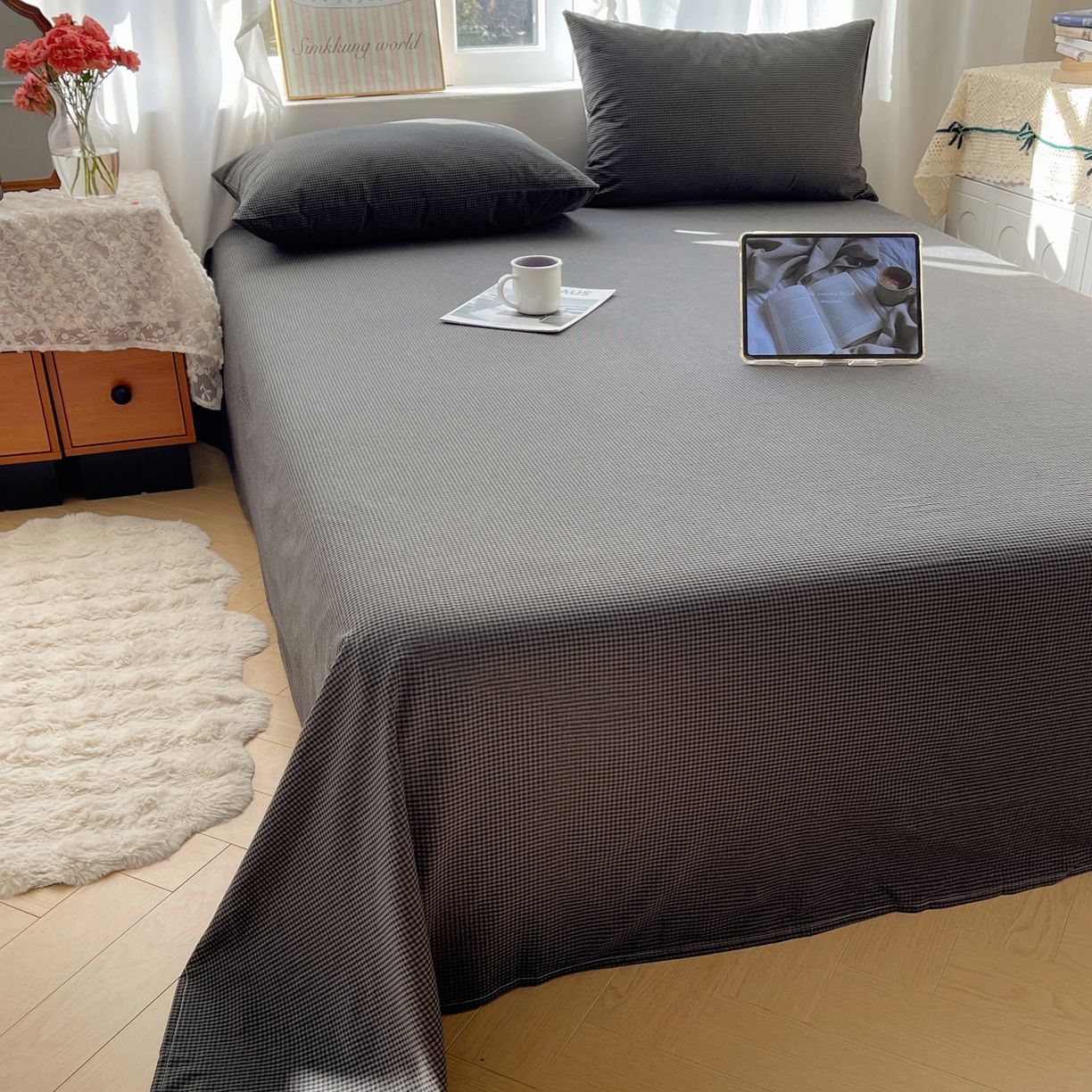 六巷胡同 2026新款A类全棉纯棉水洗棉色织格子单品床单 床单单件 觅影-黑格