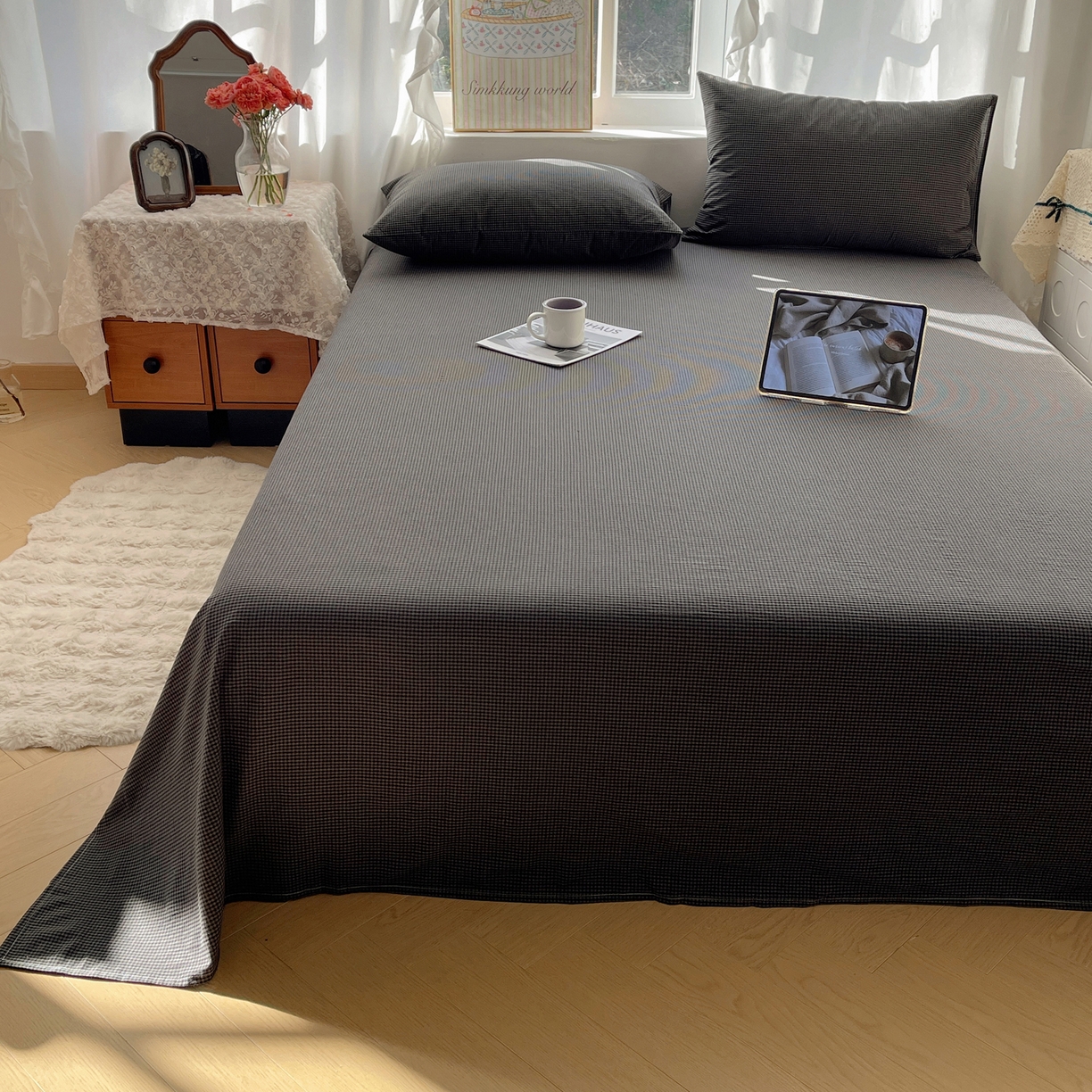 91家纺网 家纺一手货源 找家纺 六巷胡同 2026新款A类全棉纯棉水洗棉色织格子单品床单 床单单件 觅影-黑格