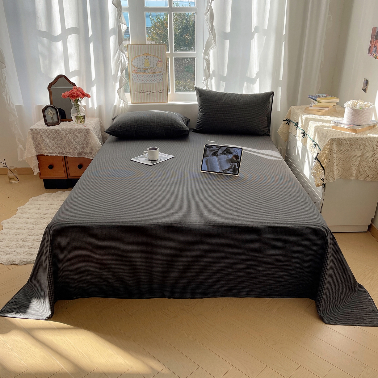 91家纺网 家纺一手货源 找家纺 六巷胡同 2026新款A类全棉纯棉水洗棉色织格子单品床单 床单单件 觅影-黑格