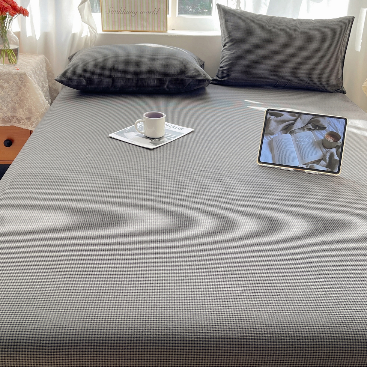 91家纺网 家纺一手货源 找家纺 六巷胡同 2026新款A类全棉纯棉水洗棉色织格子单品床单 床单单件 觅影-黑格