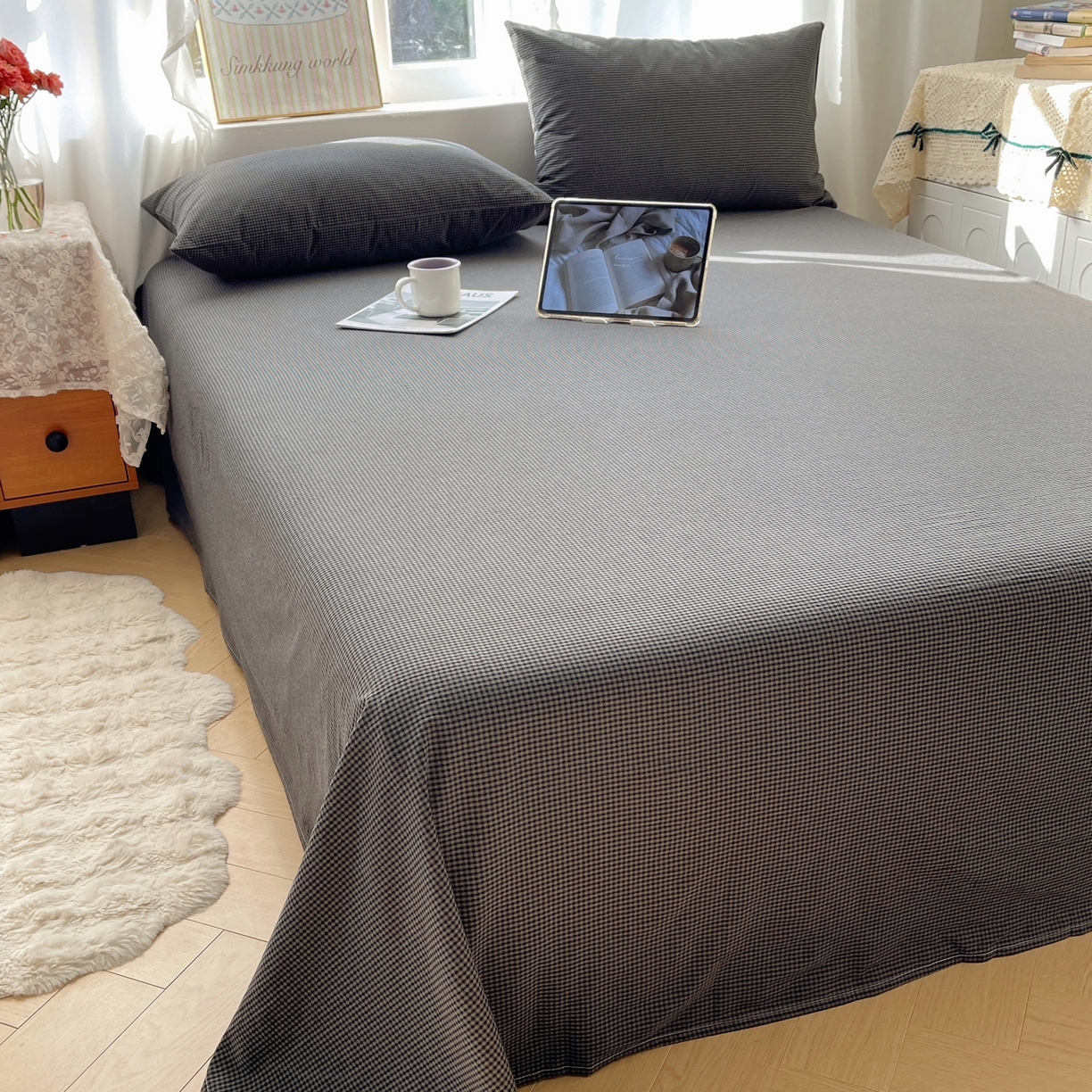 91家纺网 家纺一手货源 找家纺 六巷胡同 2026新款A类全棉纯棉水洗棉色织格子单品床单 床单单件 觅影-黑格