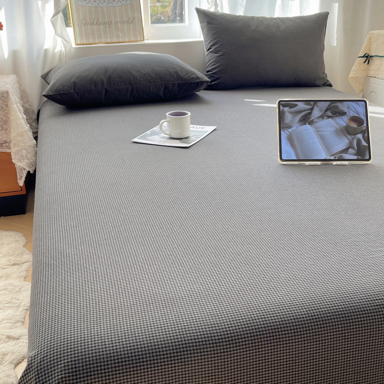 91家纺网 家纺一手货源 找家纺 六巷胡同 2026新款A类全棉纯棉水洗棉色织格子单品床单 床单单件 觅影-黑格