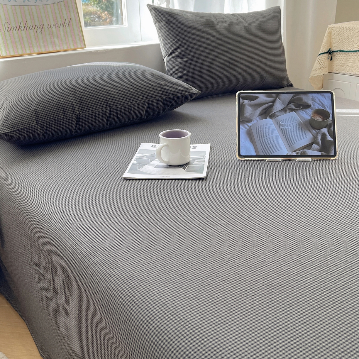 91家纺网 家纺一手货源 找家纺 六巷胡同 2026新款A类全棉纯棉水洗棉色织格子单品床单 床单单件 觅影-黑格