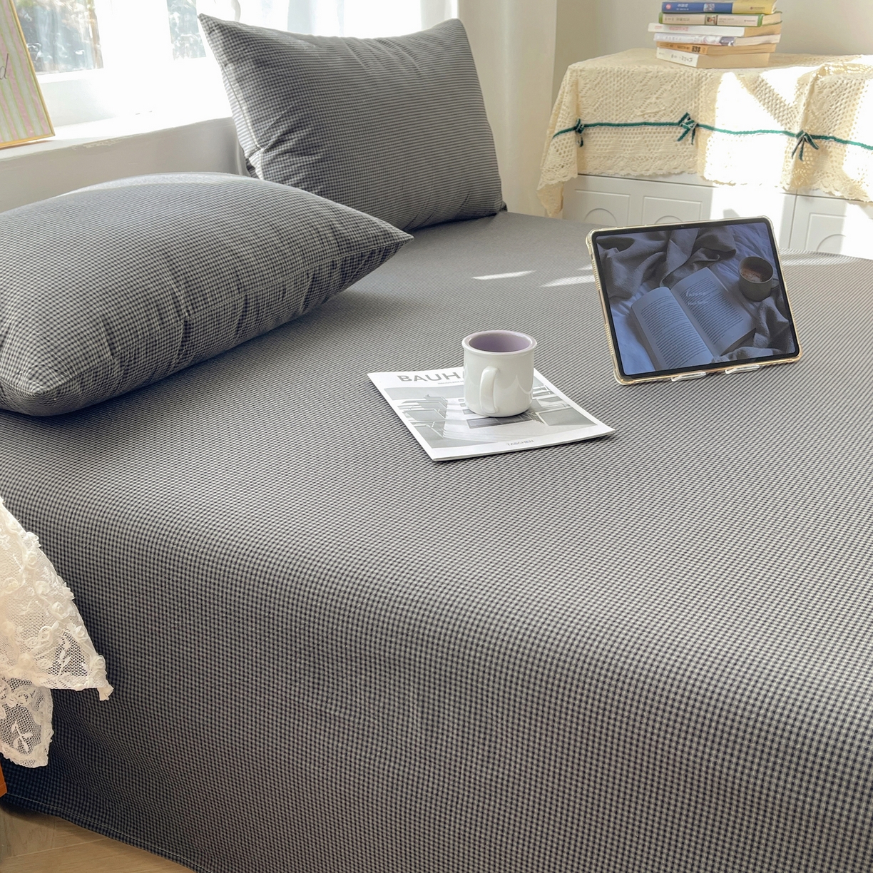 91家纺网 家纺一手货源 找家纺 六巷胡同 2026新款A类全棉纯棉水洗棉色织格子单品床单 床单单件 觅影-黑格