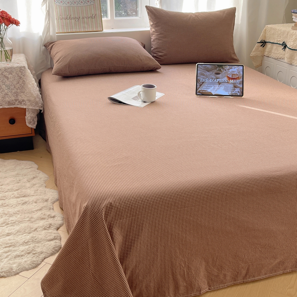 六巷胡同 2026新款A类全棉纯棉水洗棉色织格子单品床单 床单单件 觅影-咖格