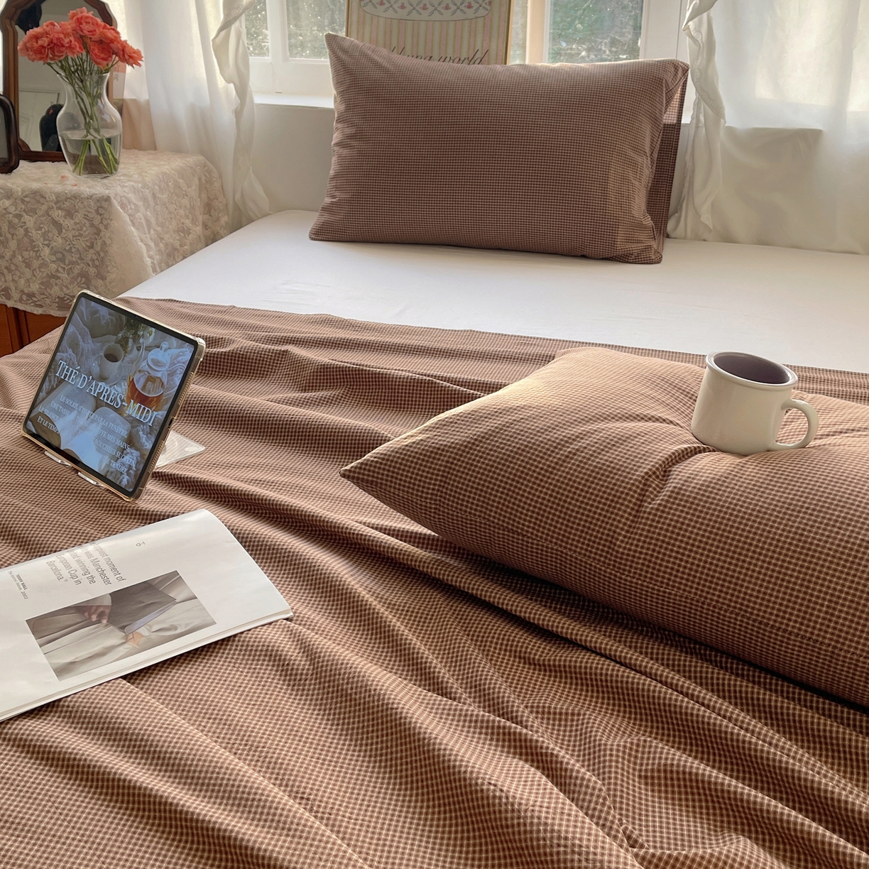 91家纺网 家纺一手货源 找家纺 六巷胡同 2026新款A类全棉纯棉水洗棉色织格子单品床单 床单单件 觅影-咖格